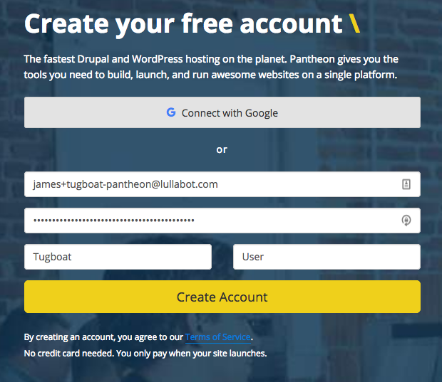Screenshot: Create a new pantheon account