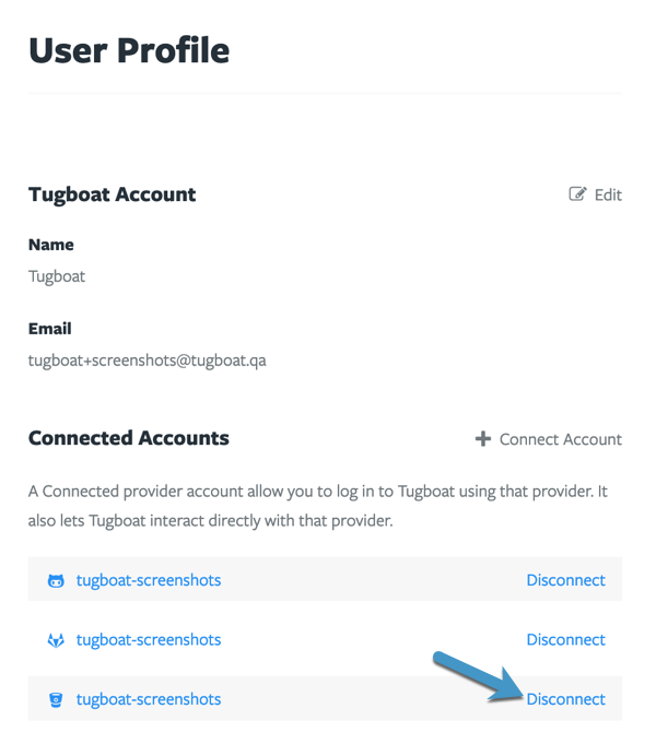 Tugboat's User Profile pane with arrow to Disconnect link next to Bitbucket account