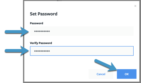 Tugboat's password dialog showing the enter and verify fields, with an arrow pointing to the OK button