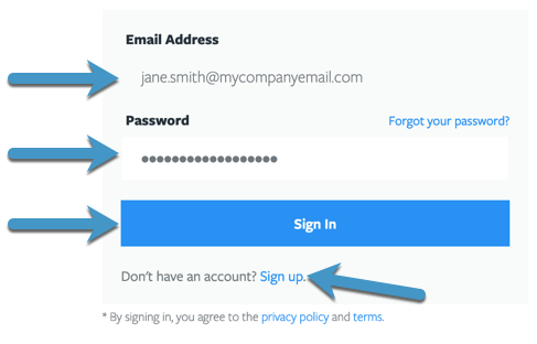 Dialog box to enter email address and password, with arrows pointing to "Sign in" and "Sign Up" buttons