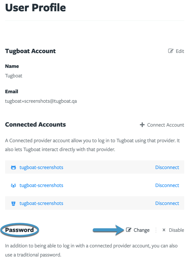 Tugboat's User Profile pane with Password section circled and an arrow to the Change button
