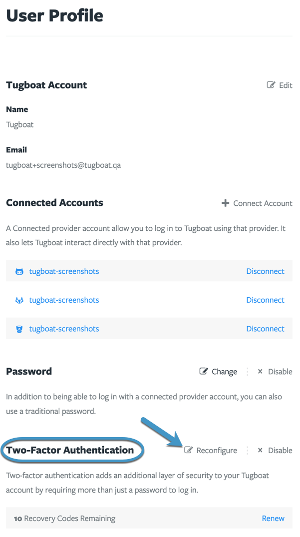 Tugboat's User Profile pane with Two-Factor Authentication section circled and an arrow to the Reconfigure button