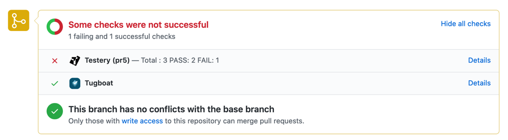 Screenshot: Testery test results and Tugboat deploy on a pull request in GitHub