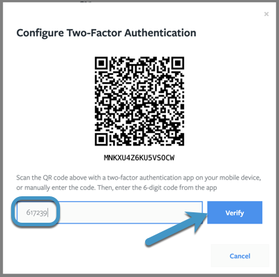 6-digit code typed into dialog box, with arrow pointing to the Verify button