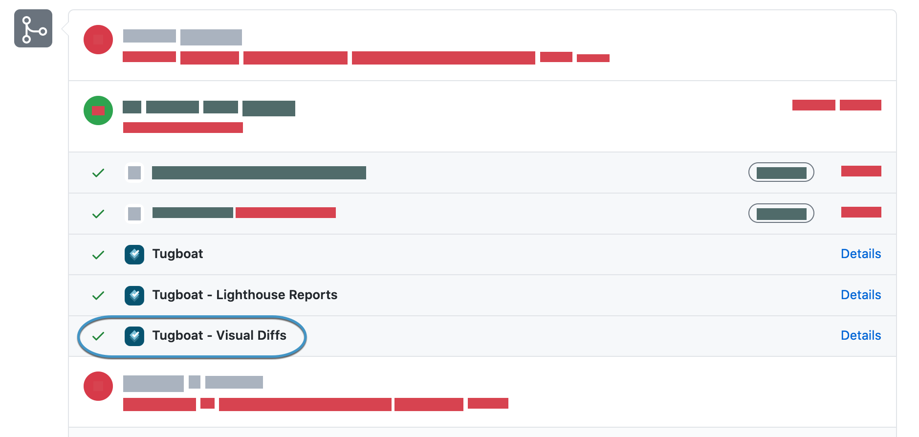 Screenshot of GitHub status showing a green checkmark on Tugboat - Visual Diffs