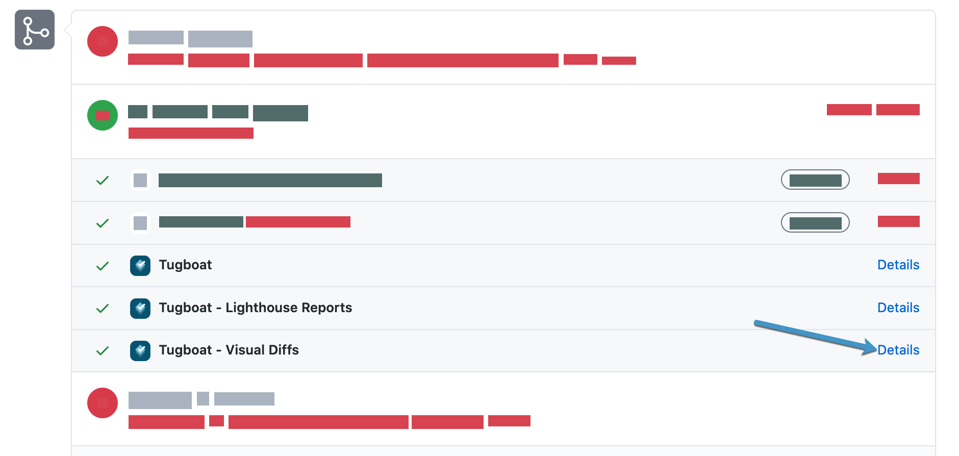 Screenshot of GitHub status showing a red X on Tugboat - Visual Diffs